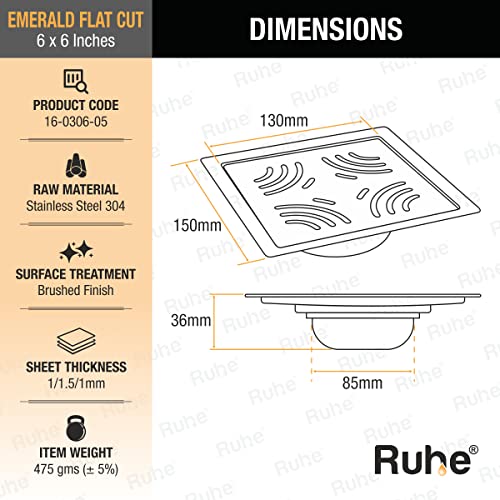 Image of Ruhe Exclusive Emerald Floor Drainer /Jali | 304-Grade Stainless Steel Floor Drain- Emerald Exclusive Square Flat Cut (6x6 inches) with Cockroach Trap /Jali