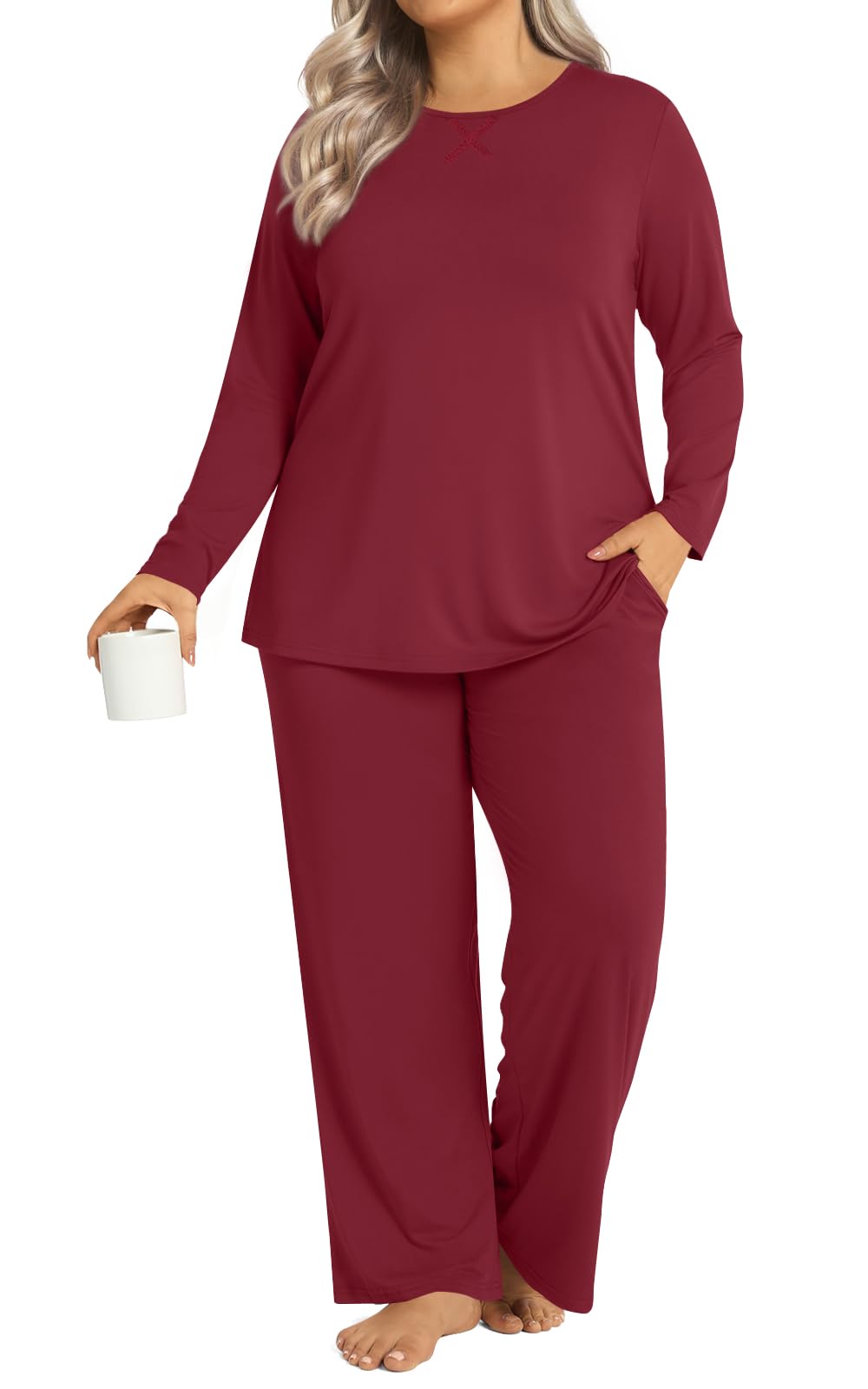 Plus Size Womens Pajamas Sets 2 Piece Long Sleeve Pj Sleepwear Soft Comfy Tops and Pants with Pockets