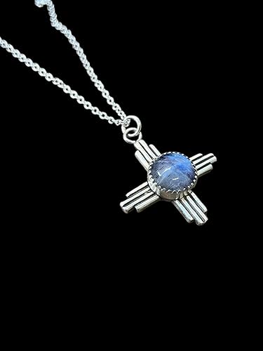 Miniatura 2 de Beautiful Large Sterling Silver Rose CutFaceted Moonstone Southwest ZIA Sun Symbol PendantNecklace. Made in the heart of New Mexico.