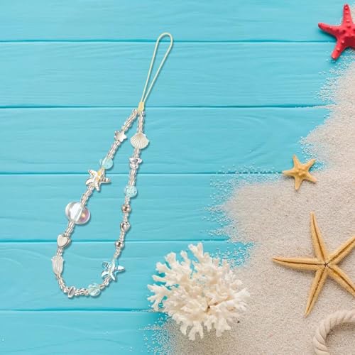 Yolev Handykette Perlen Kurz Universal, Handy Perlen Schlüsselband Handy-Charm-Handschlaufe, Kurz Blau Phone mit Muscheln und Herzen Universal Handykette Handy Kamera