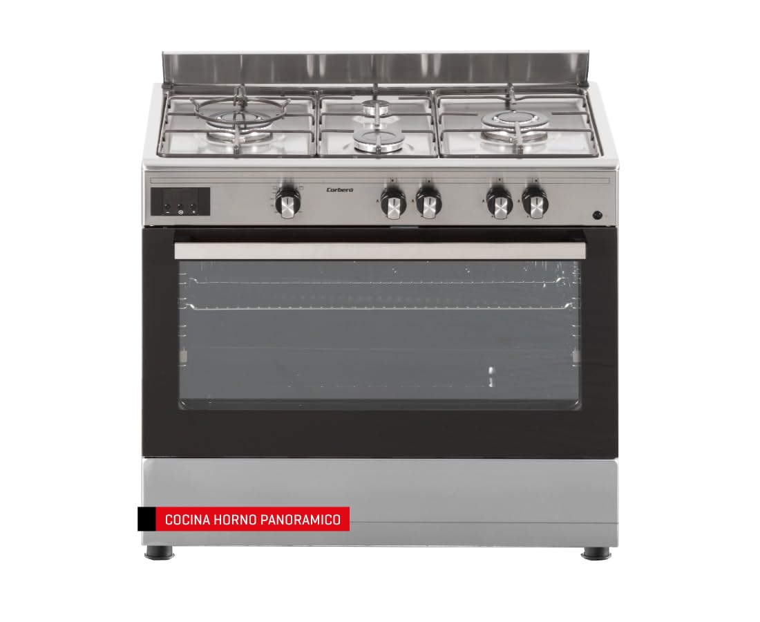 Corberó - Cocina de Gas Butano | CCSF9422X | Horno 96L panorámico | 4 Fuegos | 2 WOK | Autoencendido | Termostato | Guías Telescópicas | Luz Interior | Cajón Calientaplatos | Sin Tapa | Inox