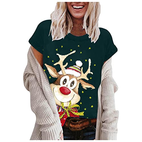 Reokoou Christmas Shirt for Women Reindeer Printed Craphic Tee Tops Casual Short Sleeve Holiday T-Shirt Blouses