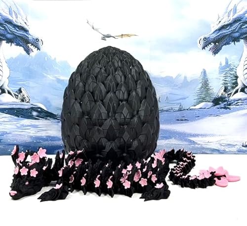 24 Inches 3D Printed Dragon with Dragon Egg, Articulated Black and Pink Cherry Blossom, Fidget ADHD Autism Toy Executive Desk Toy, Gift for Dad Husband D028-DR-24