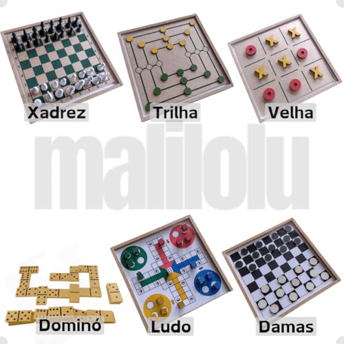 6 em 1 Jogos de Tabuleiro Clássicos Xadrez, Damas, Ludo, Jogo Da Velha, Dominó, Trilha (6 Jogos em 1