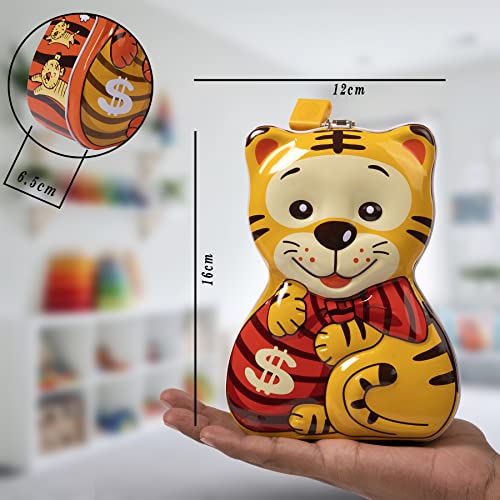 Image of WISHKEY Cute & Attractive Cartoon Tiger Shaped Metal Piggy Bank with Secure Lock & Keys for Kids, Money Saving Storage Coin Collector Box for Boys & Girls (Pack of 1, Multicolor)