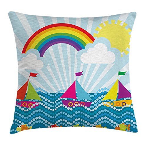 Lunarable Cartoon Throw Pillow Cushion Cover, Landscape Sailing Boat in Sea Fish Rainbow and Fluffy Clouds Art, Decorative Square Accent Pillow Case, 28