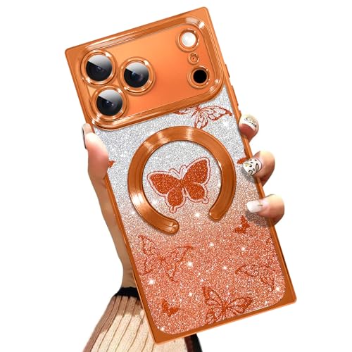AIGOMARA Glitter Phone Case for iPhone 17 Pro Max, Orange Butterfly