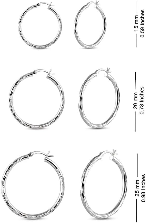 Charmsy Set of 3 Pairs 925 Sterling Silver Hoop Earrings for Women | Lightweight Italian 2.5mm Tube Diamond-Cut Classic Texured Click-Top Hoops Earring | Size 12/13/15/18/20/25mm