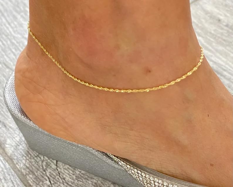 Solid 10K Yellow Gold 1.1mm Singapore Chain Anklet Bracelet, Dainty Ankle Bracelet for Women, 2 Different Sizes.