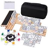 Fowreny Mexican Train Double 12 Dominoes Set - 91 Tiles with 4 Wooden Trays & Travel Case, Family Board Game for Adults Kids Party Travel