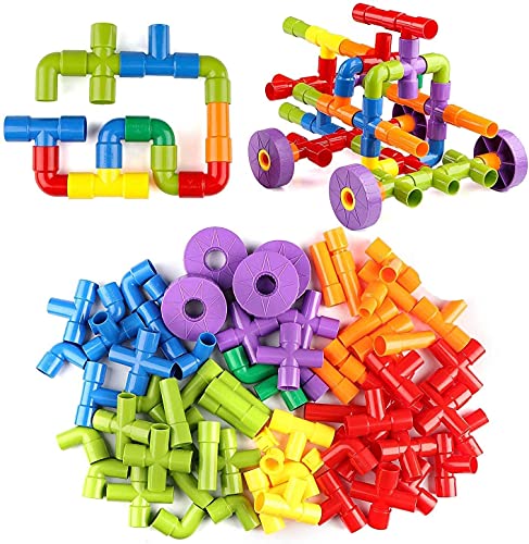 Image of AEXONIZ TOYS Pipe Puzzle for Kids - 75Pcs Non-Toxic Plastic Water Pipe Shaped Creative Tube Locks Construction Set Toy with Wheels Kids Educational Preschool Learning Toys