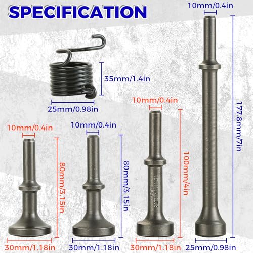 FLKQC 5 Pcs Smoothing Air Hammer Tool Kit, Smoothing Pneumatic Air Hammer Pneumatic Chisel Bits Tools Kit, Air Hammer Atachments Air Chisel Bits with Spring, Power Hammer Drills Tools