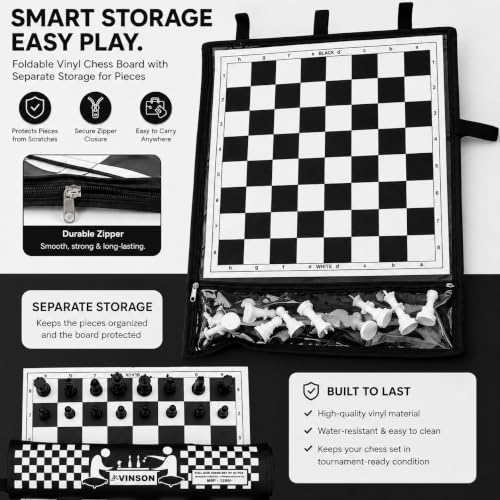 Image of Vinson Tournament Chess Set for Adults & Kids | 18.25 x 18.25 Inch Foldable Vinyl Board with Solid Plastic Chess Pieces, 2 Extra Queens & Zipper Storage Bag | Professional Portable Game Set (Black)