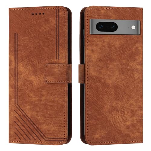 Protège-écran Google Pixel 7 étui portefeuille marron anti-chute avec dragonne de poignet