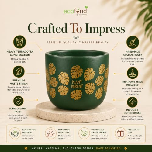 Image of ecofynd 4.5 Inch Monstera Terracotta Pot for Indoor Plant, Decorative Clay Planter for Home, Living Room, Balcony, Office & Garden, Flower Pot for Herbs & Houseplants (TPOT006-GRN)