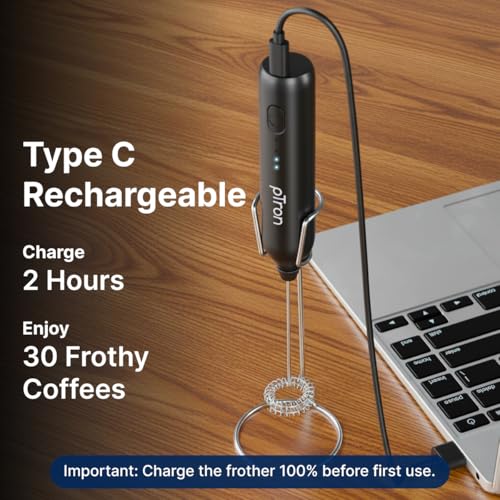 Image of pTron EaseMate Frother Z1 w /Dual Spring & Egg Whisk, 3-Speed Electric Frother for Milk /Coffee, Handheld Stand-up Design, Portable, Rechargeable, Stainless Steel Attachments (Black)