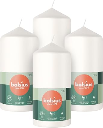 Bolsius Pillar Candles - White - 4-Pack - 4.7    2.4  - Decorative Household Candles - Long Burning Time of 33 Hours - Unscented - Includes Natural Vegan Wax - Without Palm Oil