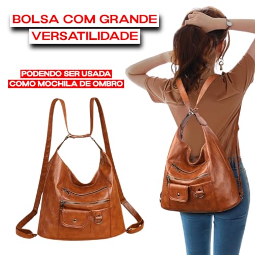 TOKSHOP Bolsa Feminina Couro PU Premium Vira Mochila de Costas Versátil (Marrom)