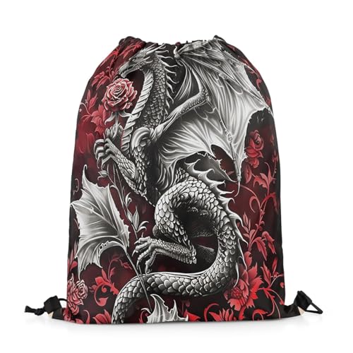 Image of jejeloiu Medieval Fantasy Dragon Drawstring Backpack 13x15.7inch Red Rose Waterproof Gym Drawstring Bags Damask Print Sports String Backpack Beach Swim Travel Bag Sackpack