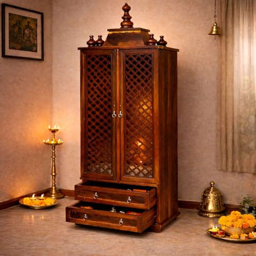 Chicwoodz Solid Sheesham Wooden Home Temple Mandir with Doors & Storage Drawers | Wooden God Stand, Pooja Stand, Home Mandap, Mandapam for Devotional 