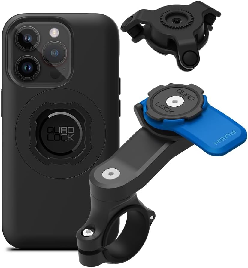 Quad Lock Motorcycle Handlebar Phone Mount Kit with Vibration Dampener and iPhone 14 Pro MAG Case