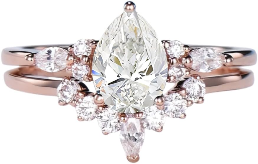 Pear Shaped Gemstone Engagement Rings for Women 10K 14K 18K White Yellow Rose Gold Gemstone Wedding Ring Set Bridal Set 2pcs Wedding Band Anniversary Promise Rings