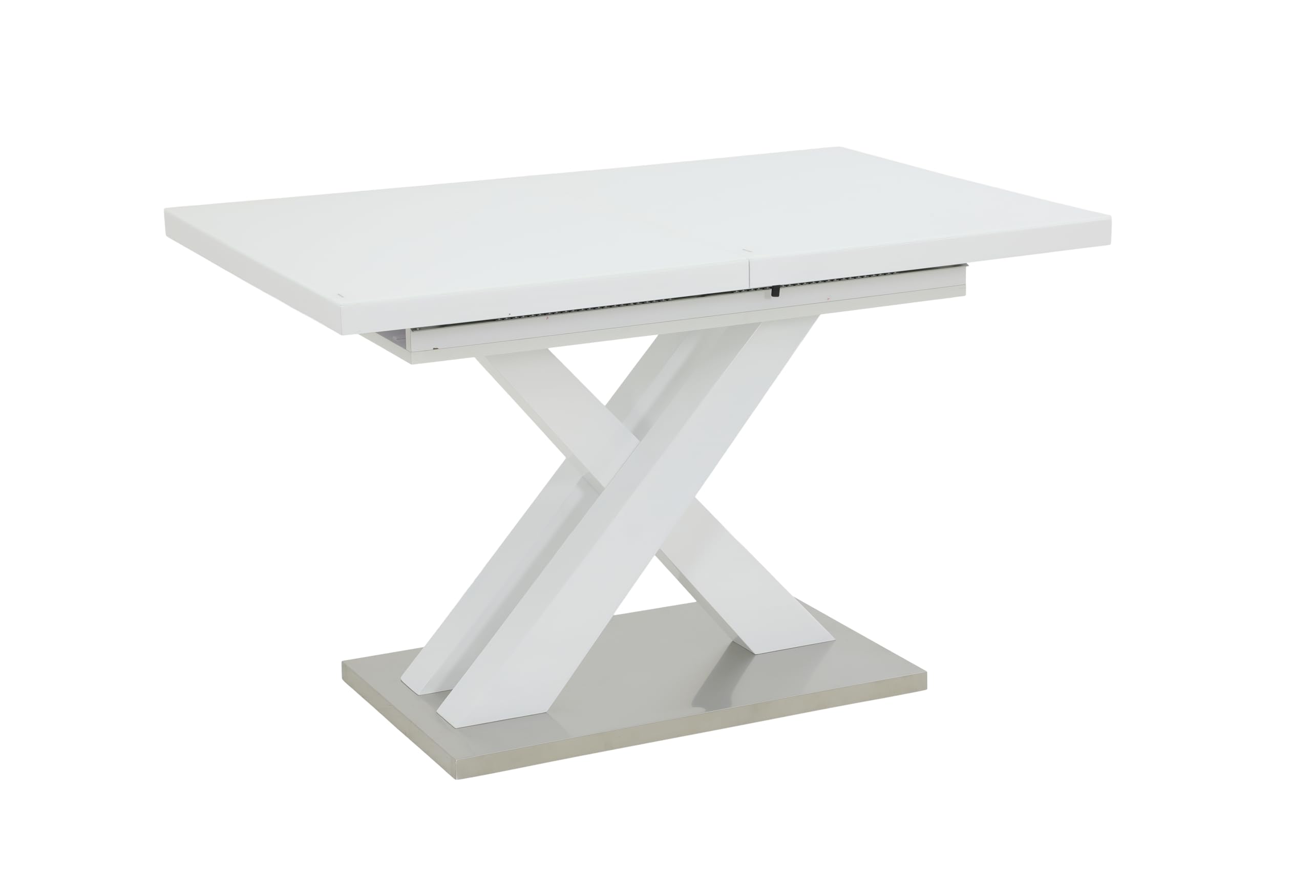 Säulentisch Elvira – ausziehbarer Esstisch, 120–160 × 80 cm, Hochglanz Weiß mit Glasauflage