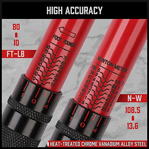 3/8-Inch Drive Click Torque Wrench - Precision 10-80Ft.lb/13.6-108.5Nm Range, Non-Slip Grip Handle, Professional Reversible Crv Steel Ratcheting Head With Secure Locking Mechanism, Adapter & Extension #TOP3