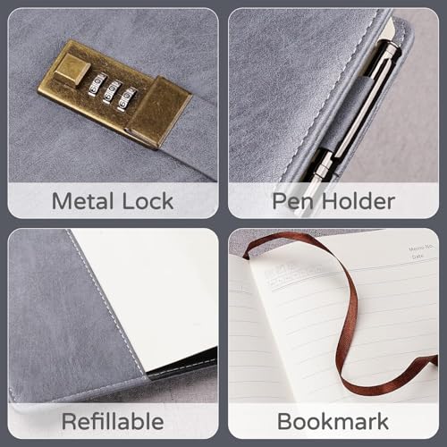 Image of Diary with Lock, A5 PU Leather Journal with lock, 240 Pages, Vintage Lock Journal with Pen & Gift Box, Lockable Diary for Women and Men, 8.6 x 5.8 Inches (Gray)