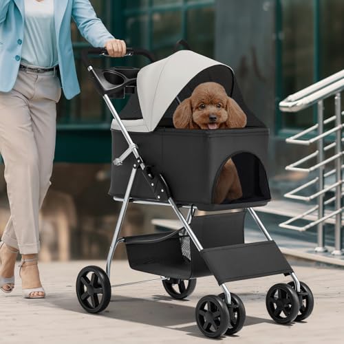 Image of Magshion 3-in-1 Foldable Pet Stroller for Small to Medium Dogs and Cats | Dog Travel Jogger with Detachable Carrier, Cup Holder & Storage Basket, For Small /Medium Dogs & Cats Up to 33 lbs