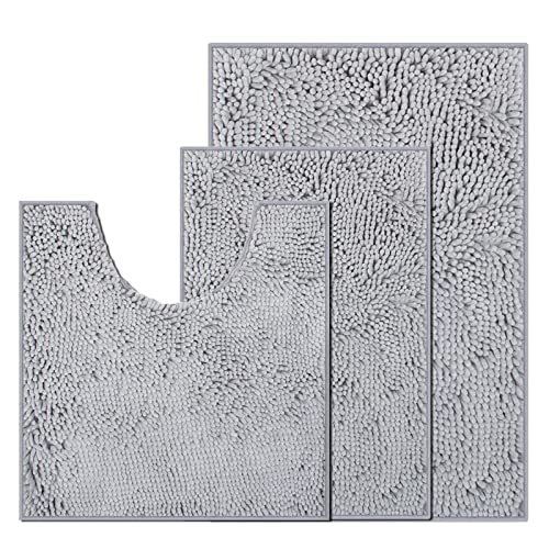 Bathroom Rugs 3 Piece Bath Rugs Set Chenille Bath Mat Bathroom Rug Set Non-Slip Bathroom Set Bath Mats for Bathroom with 1 inch Ultra Soft Plush,PVC Backing Super Water Absorbent Bathroom Carpet-Grey