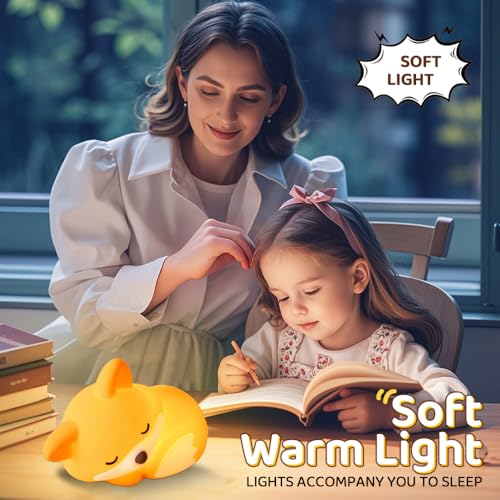 Image of S NMT Cute Silicone Fox Night Light for Kids, Rechargeable Sleeping Nursery Nightlights with Timing Function for Christmas Gift, Dimmable Beside Decoration Lamp