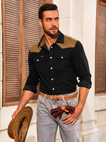Image of Yousify Mens Western Cowboy Shirt Retro Corduroy Shirts with Pockets | Long Sleeve, Button Down, Vintage Snap Shirt, Country Shacket Jackets