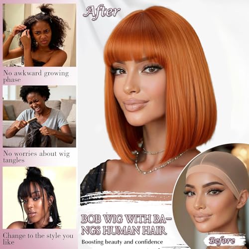 Image of ZHENGON 350 Ginger Orange Bob Human Hair Wig with Bangs Silky Straight Glueless Wigs Human Hair 180% Density Bob Wig with Bangs None Lace Machine Made Wigs for Black Women 12Inch