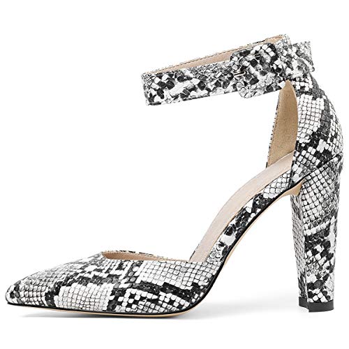 Caradise Womens Snakeskin Print Pointed Toe Block Heel Ankle Strap Pumps2