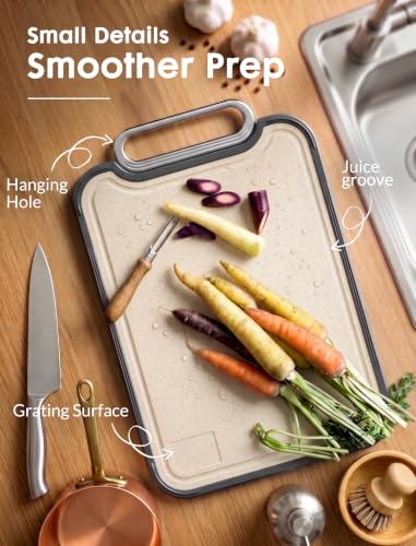 Astercook Titanium Cutting Board for Kitchen, 2-in-1, 16 x 11 in | One reversible board with pure titanium and wheat straw PP cutting surfaces, juice groove, non-slip border and carry handle - image 3