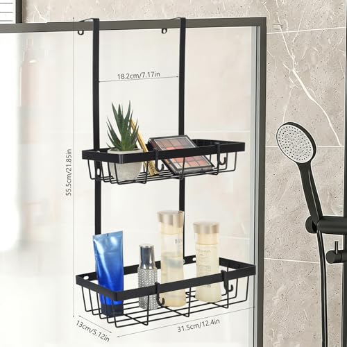 HETYYAEKQ Duschablage ohne Bohren Schwarz, Duschablage zum Hängen Schwarz, Duschregal zum Hängen, Edelstahl Doppelschicht Hängeregal Dusche Regal mit Haken für Badezimmer Zubehör Dusch Organizer