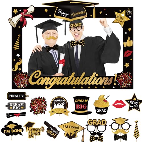 BORISCA 22Pcs Fotocall para Graduación con Marco de Fotos, Accesorios y Props para Fiesta con Sombrero, Gafas y Diploma