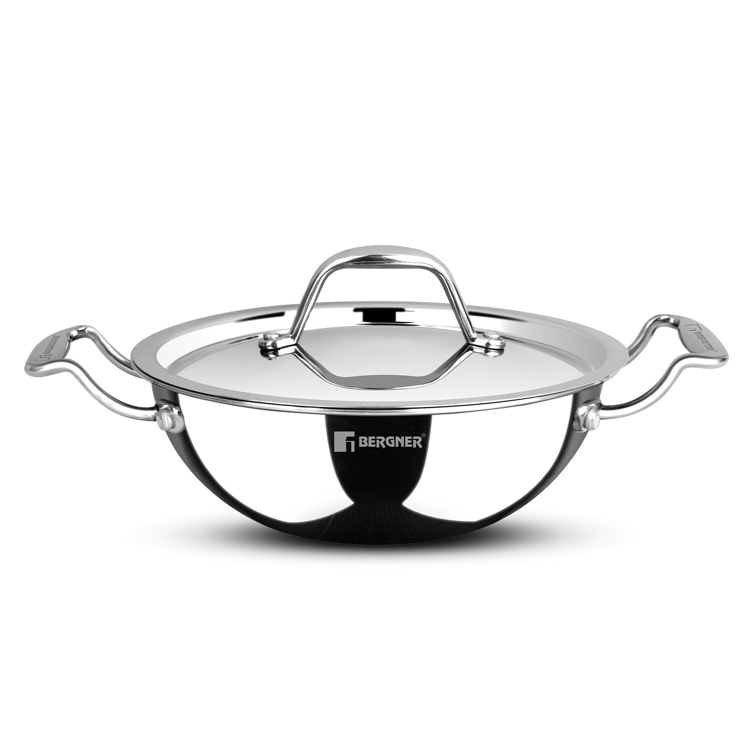 BERGNER Argent Junior Chef TriPly Stainless Steel 16cm Kadai with Stainless Steel Lid, 1.1 L Mini Kadhai, Durable Cookware, Less Oil Use, Healthy Cooking, Non-Toxic - Induction and Gas Stove Ready