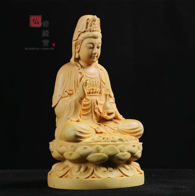 Amazon.co.jp: 修縁堂木彫仏像 観音菩薩座像 彫刻 仏教工芸 柘植材  