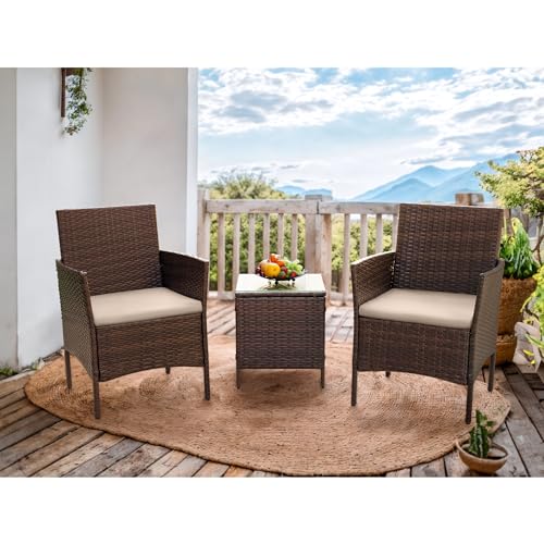 Flamaker Patio Furniture Set 3 Pieces All-Weather Rattan Outdoor Furniture Patio Chairs with Tempered Glass Table for Porch Bistro Balcony (Brown/Cream) - Image 9