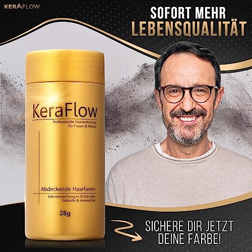KeraFlow Streuhaar [Dunkles dunkelbraun] 28g - Schütthaar zur Haarverdichtung - Haarfasern für dichtes Haarvolumen gegen Haarausfall, kahle Stellen und dünnes Haar - Hair Fibers für Damen & Herren