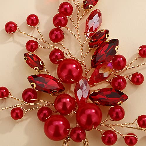 Chargances Bride Red Pearl Beaded Hair Pins Wedding Red Crystal Hair Pins Boho Dainty Handmade Hair Accessories for Women and Girls (Red - Image 3