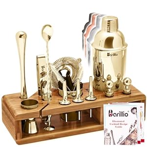 Barillio Gold Bartender Kit – Stainless-Steel Cocktail Shaker Set w/Bamboo Stand – Mixology Bar Tools w/Drink Shaker, Mixer Spoon and Muddler for Cocktails – Home Bar Accessories – 23-Pc Bar Set