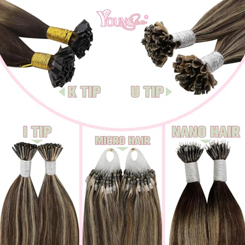 Image of YoungSee K Tip Hair Extensions Real Human Hair Dark Brown Ombre Blonde with Brown Balayage K Tip Hair Extensions Real Human Hair 20In Keratin Hair Extensions Brown Pre Bonded Hair Extensions 50S /50G