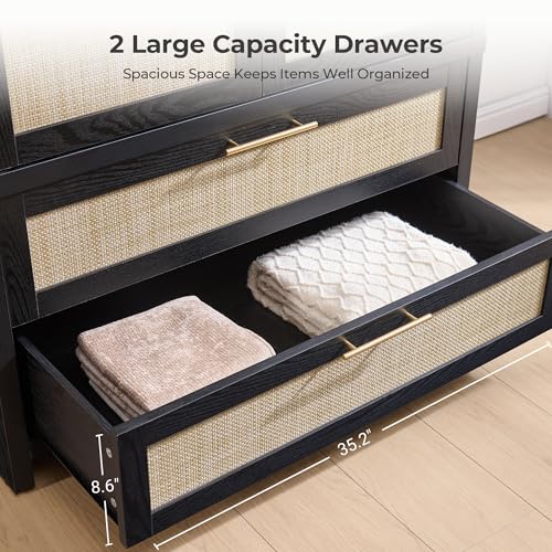 Image of SICOTAS Larger Armoire Wardrobe Closet, 71 inch Tall Rattan Wardrobe Closet Cabinet with Storage and 2 Drawers, Boho Armoire Clothes Organizer with Hanging Rod for Bedroom, Black Oak (2 PCS)