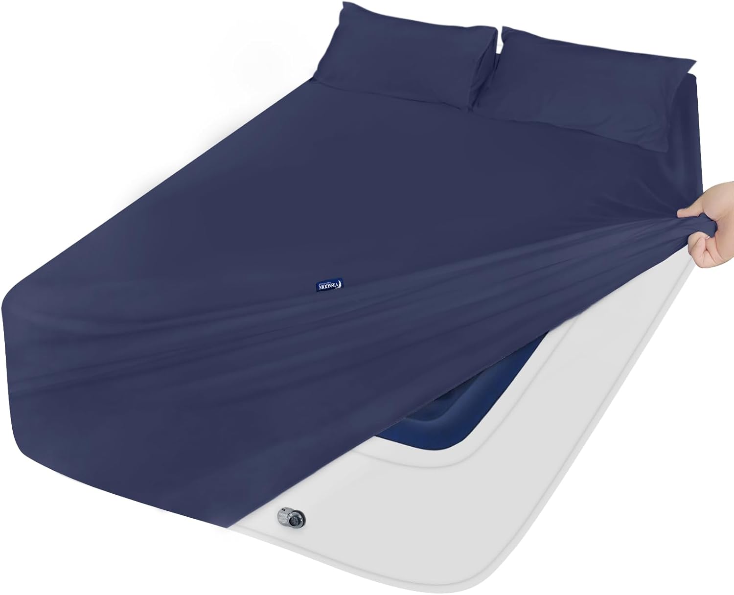 Moonsea Queen Sheet Set for Air Mattress - Sheets Queen Size Bed Set - 3Pcs Side Storage Pocket Fitted Sheet & Pillowcases Easily Fits 16in to 24in Pillow Top Air Bed Mattress - Navy Blue Queen Navy Blue