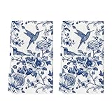 Artoid Mode Blue Hummingbird Flowers Kitchen Towels Dish Towels, 18x26 Inch Farmhouse Royal Blue Porcelain Decoration Hand Towels Set of 2