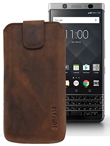 Suncase ECHT Ledertasche Leder Etui *Slim-Edition* für BlackBerry KEYone (mit Rückzugsfunktion & Magnetverschluss) antik-Coffee