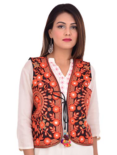 Image of Craft Trade Women's Cotton Embroidered Kutchi Jacket with Tassels Sleeveless Mirror Work
